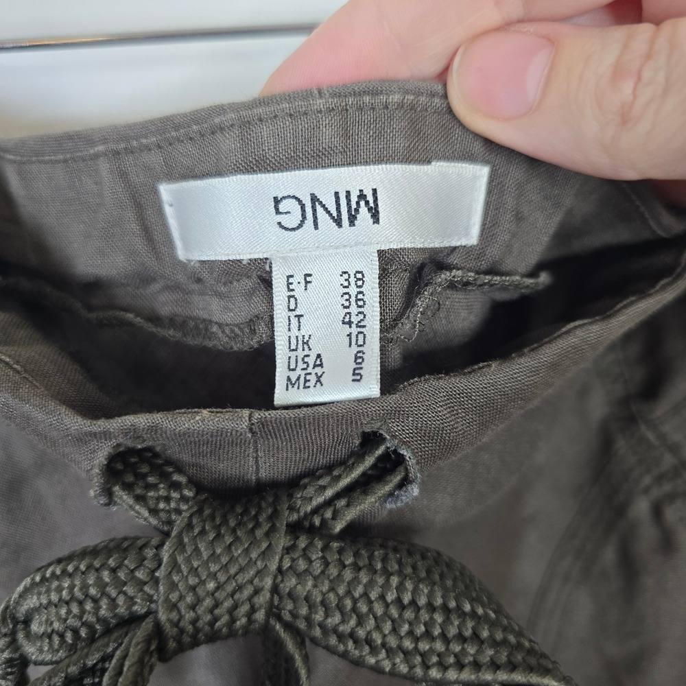 MNG Mango Women Dark Olive Brown 100% Ramie A-Line Midi Skirt Size 6 Side Zip - Picture 5 of 6